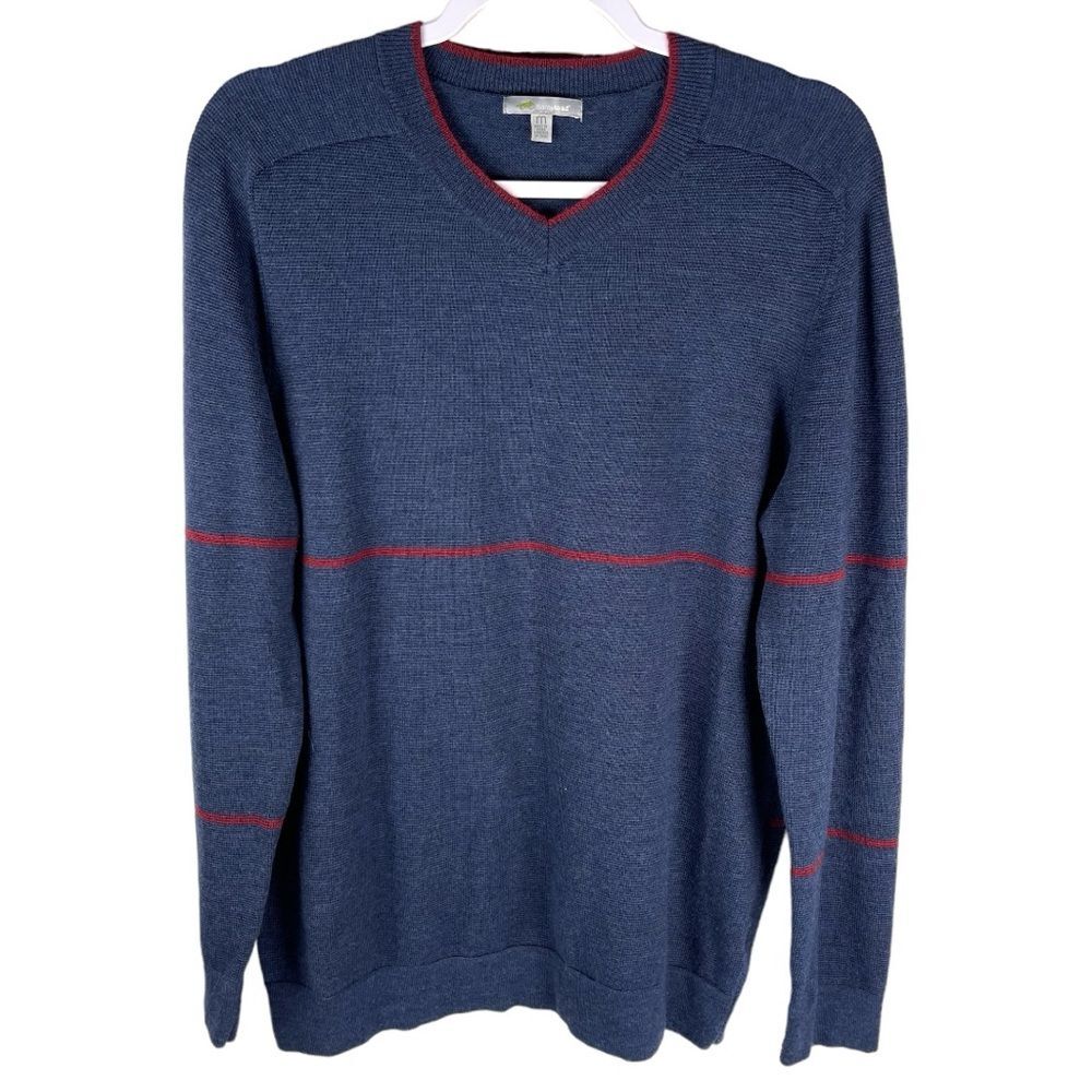 Horny Toad Men’s Size Medium Vector Navy Blue Red Merino Wool V-Neck Sweater